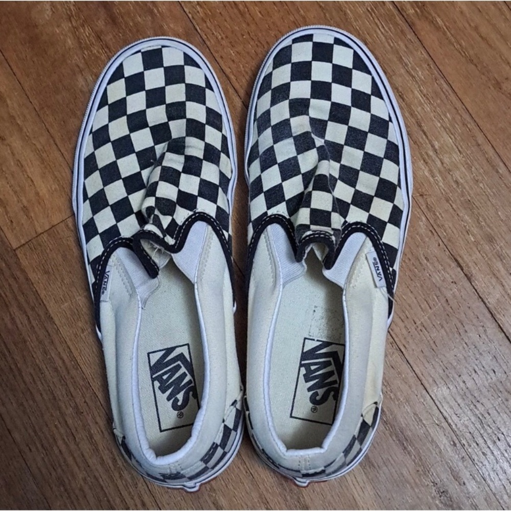 Vans Black and White checkered old school slip ons